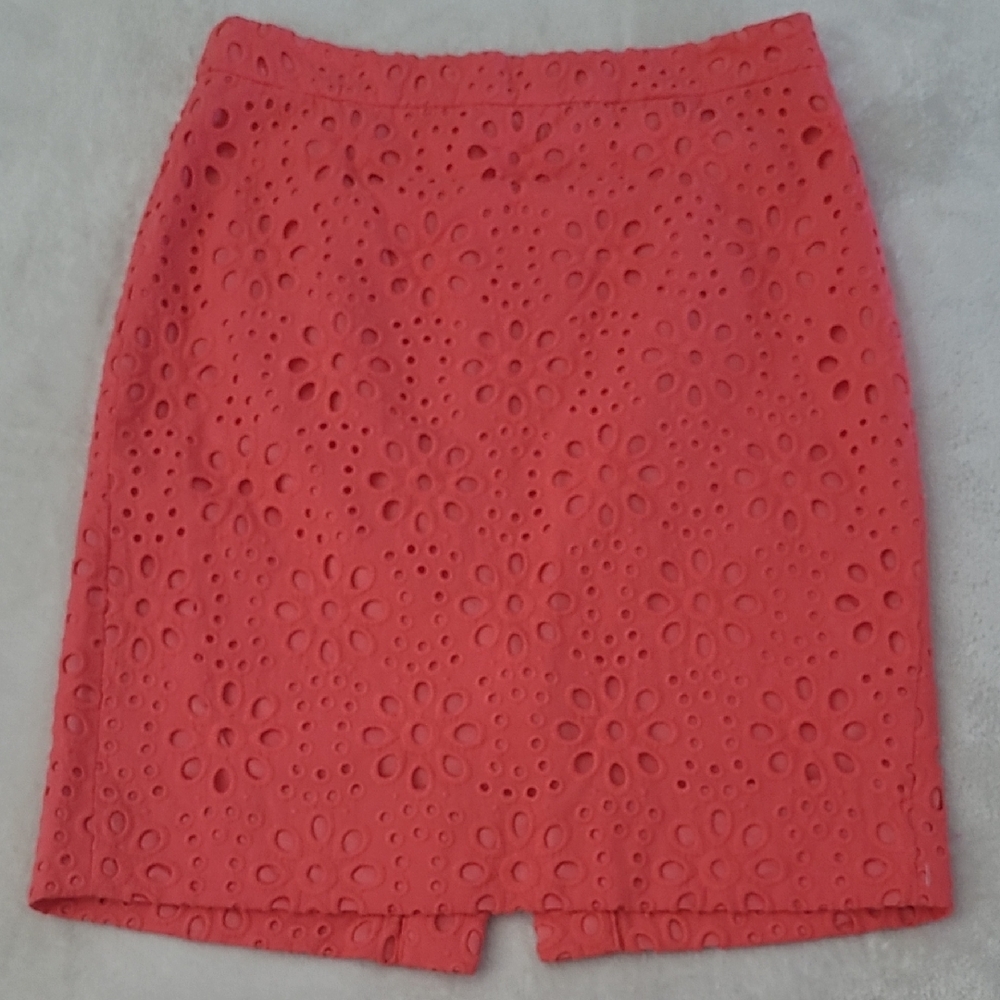 J. Crew Eyelet Pencil Skirt Coral Orange Size 2 Cotton Lined Floral Cutout Chic